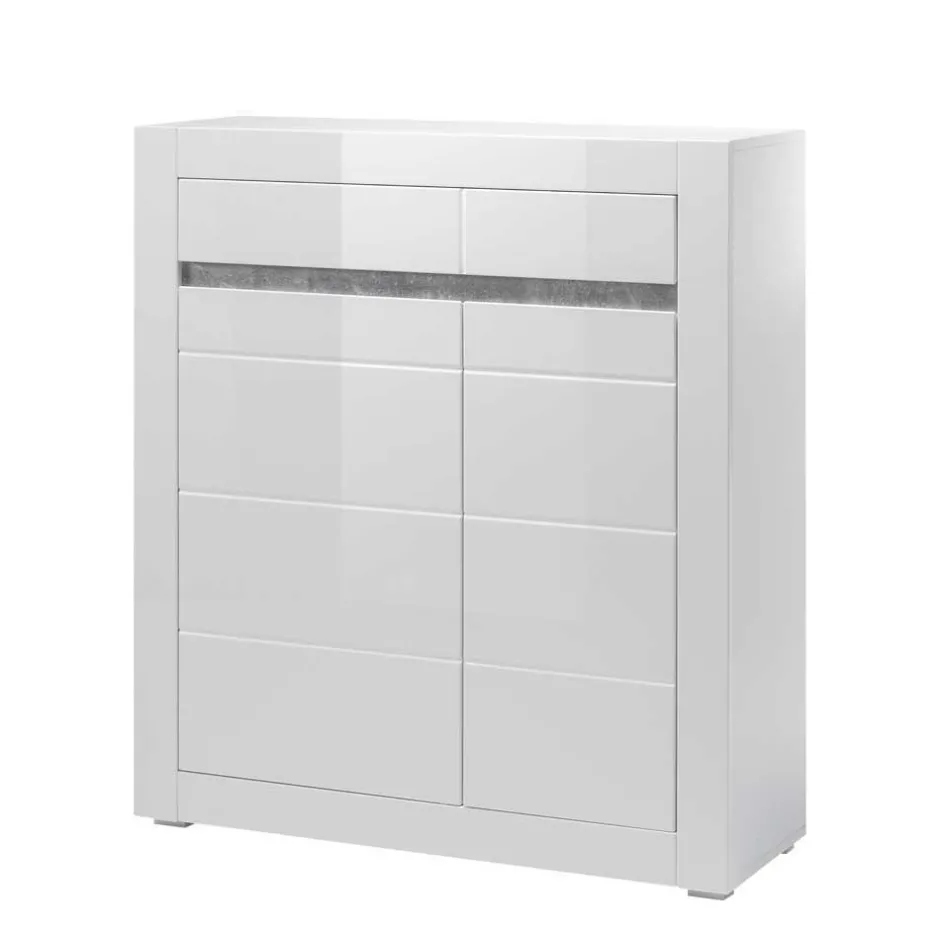 Wohnen Hochglanz Highboard in Weiß Mextra mit Absetzung in Beton Optik