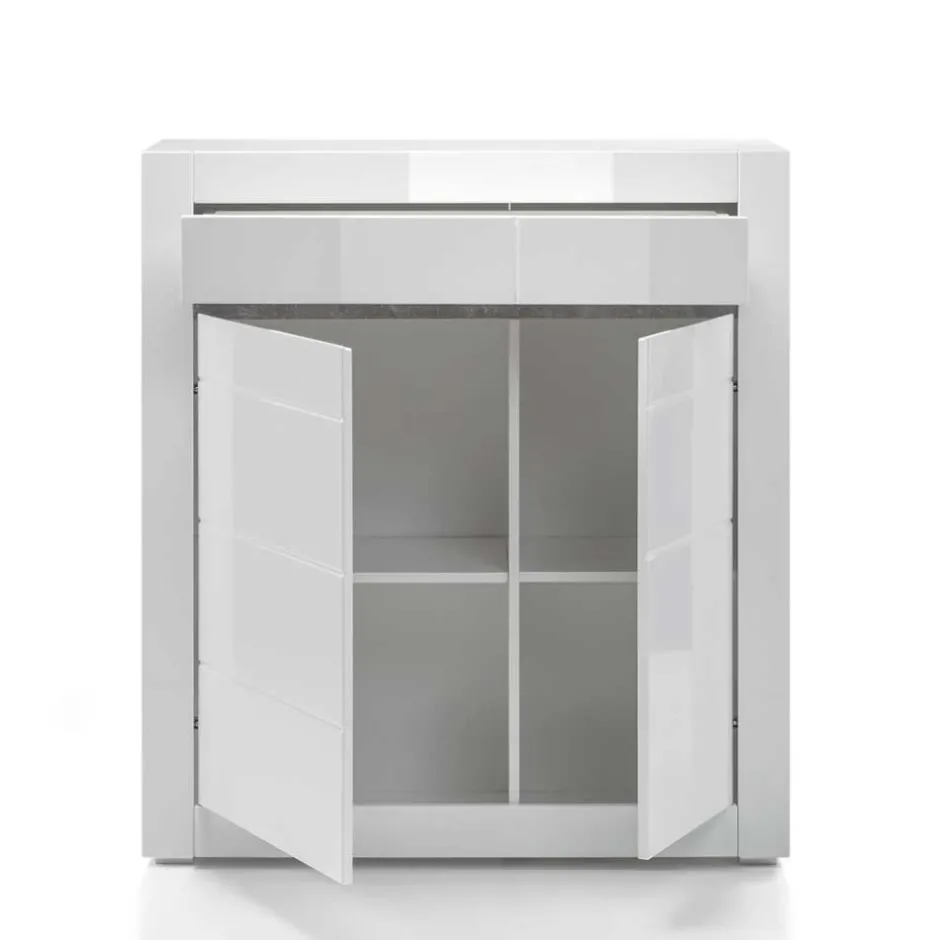 Wohnen Hochglanz Highboard in Weiß Mextra mit Absetzung in Beton Optik