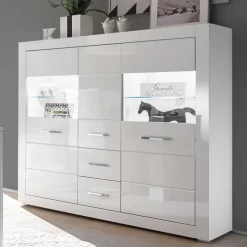 Wohnen Hochglanz Highboard in Weiß mit Glas Yulis 3-türig