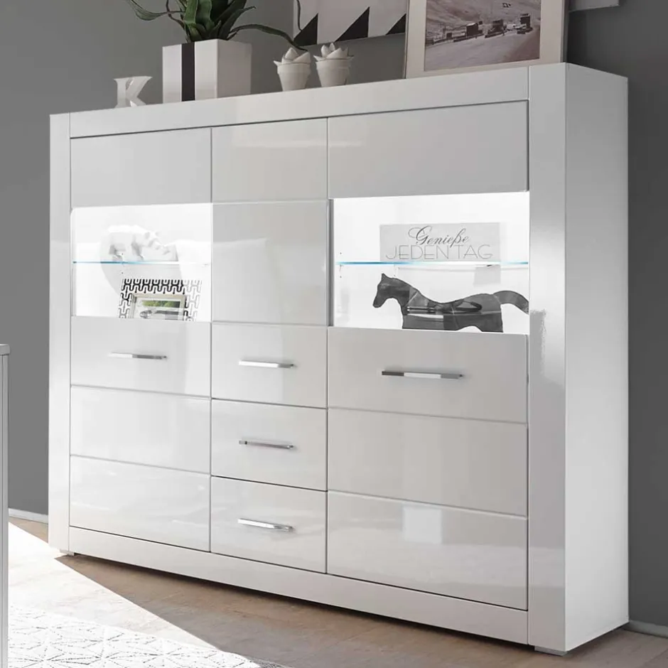 Wohnen Hochglanz Highboard in Weiß mit Glas Yulis 3-türig