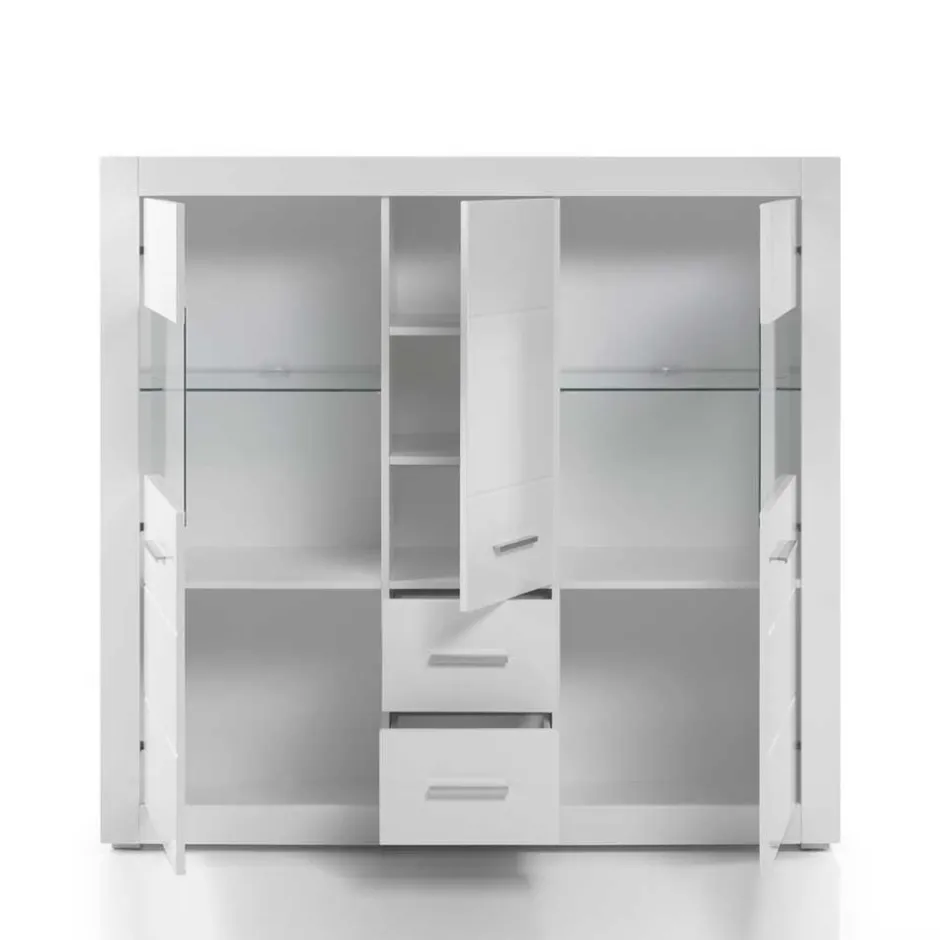 Wohnen Hochglanz Highboard in Weiß mit Glas Yulis 3-türig