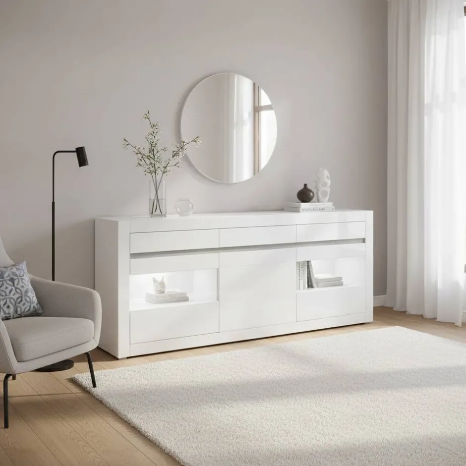 Hochglanz Sideboard in Weiß mit 2 Glaseinsätzen Mextra & Beton Dekor^Wohnen Best