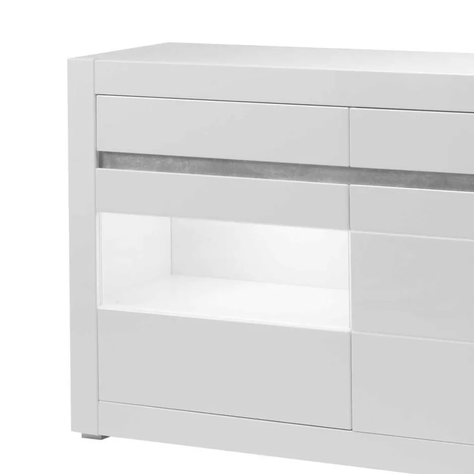 Hochglanz Sideboard in Weiß mit 2 Glaseinsätzen Mextra & Beton Dekor^Wohnen Best