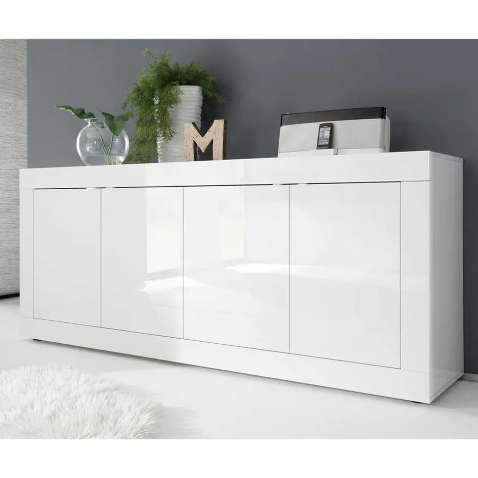 Wohnen Hochglanz Sideboard in Weiß 4-türig - Sogno