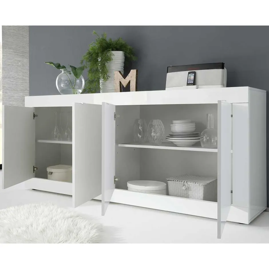 Wohnen Hochglanz Sideboard in Weiß 4-türig - Sogno