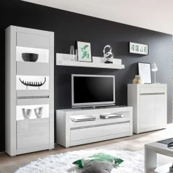 Hochglanz TV Anbauwand in Weiß Mextra mit Beton Dekor (vierteilig)^Wohnen New