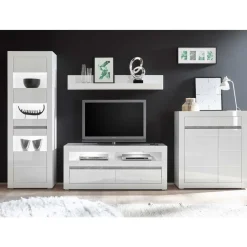 Hochglanz TV Anbauwand in Weiß Mextra mit Beton Dekor (vierteilig)^Wohnen New