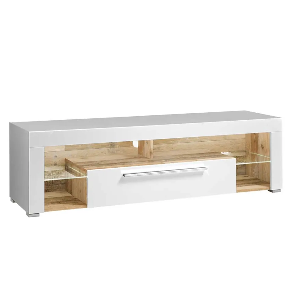Wohnen Hochglanz TV Board in Weiß & Holz Antik - Wouty