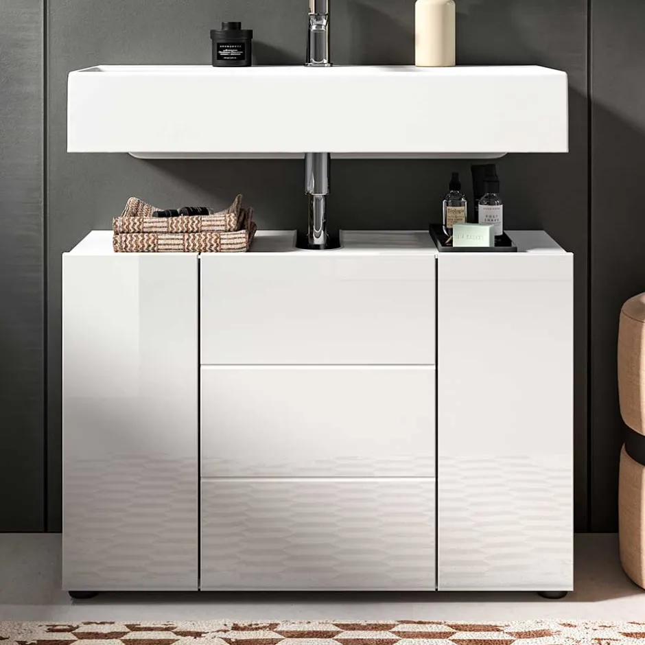 Wohnen Hochglanz Waschbeckenschrank in Weiß foliert - Vitablos