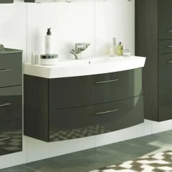 Wohnen Hochglanz Waschplatz in Dunkelgrau mit Schubladen Mladen inkl. Becken