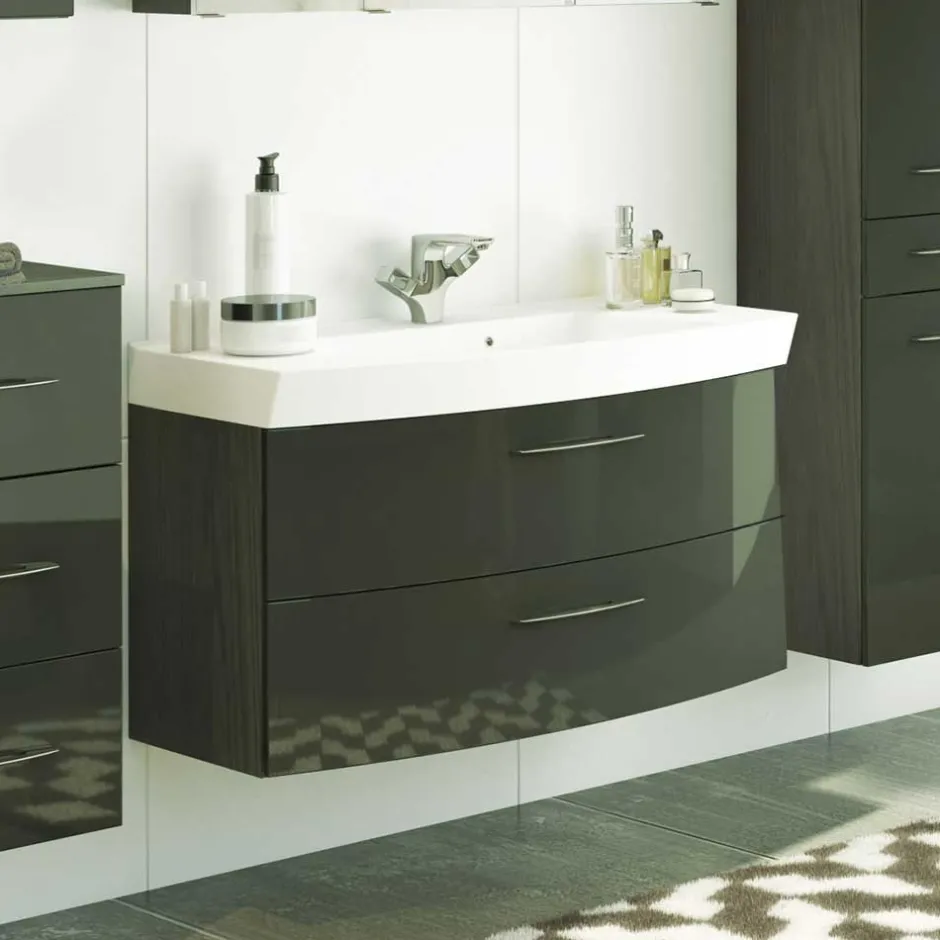 Wohnen Hochglanz Waschplatz in Dunkelgrau mit Schubladen Mladen inkl. Becken