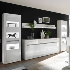 Hochglanz Wohnkombination in Weiß Mextra mit Beton Dekor & Glas (vierteilig)^Wohnen Hot