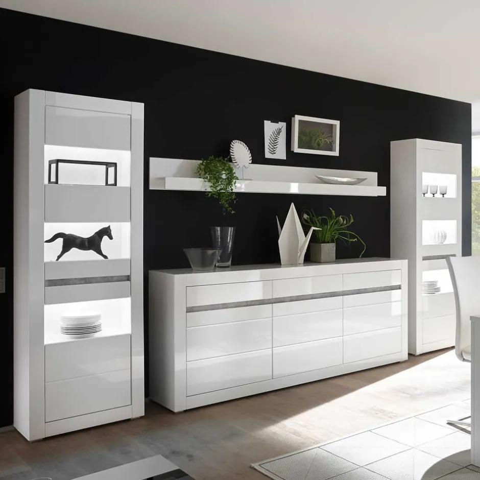 Hochglanz Wohnkombination in Weiß Mextra mit Beton Dekor & Glas (vierteilig)^Wohnen Hot