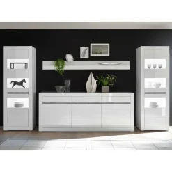 Hochglanz Wohnkombination in Weiß Mextra mit Beton Dekor & Glas (vierteilig)^Wohnen Hot