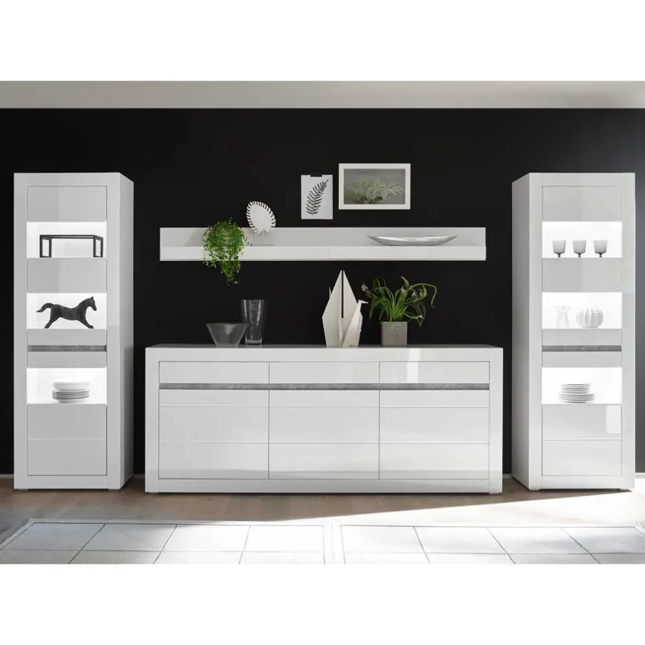 Hochglanz Wohnkombination in Weiß Mextra mit Beton Dekor & Glas (vierteilig)^Wohnen Hot