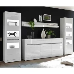 Hochglanz Wohnkombination in Weiß Mextra mit Beton Dekor & Glas (vierteilig)^Wohnen Hot