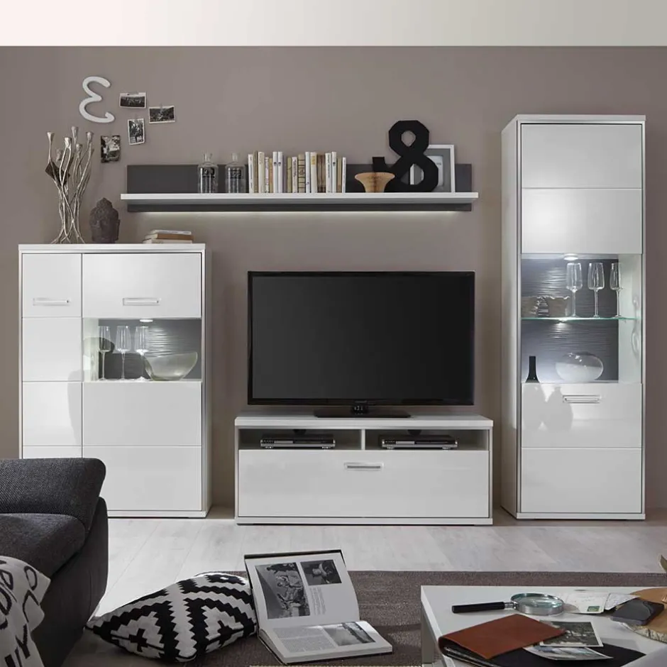 Hochglanz Wohnwand Tacroma in Weiß (vierteilig)^Wohnen Discount