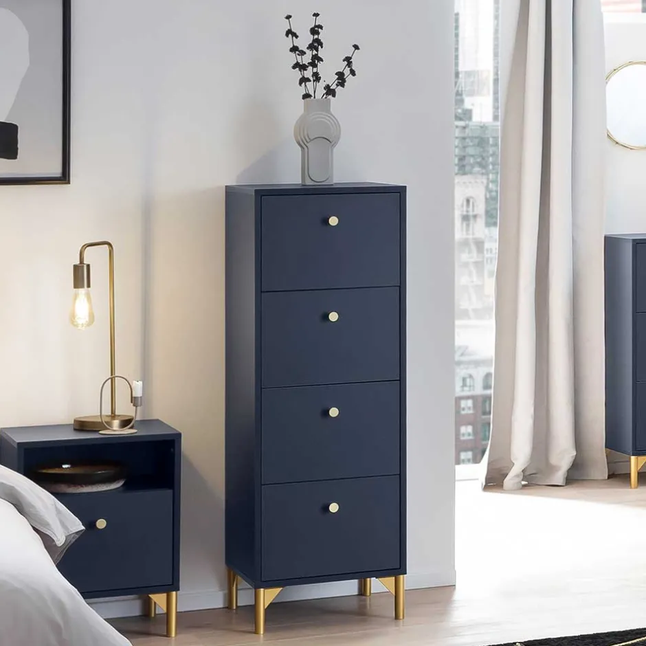 Hohe Kommode in Dunkelblau mit Gold - Inbano^Wohnen