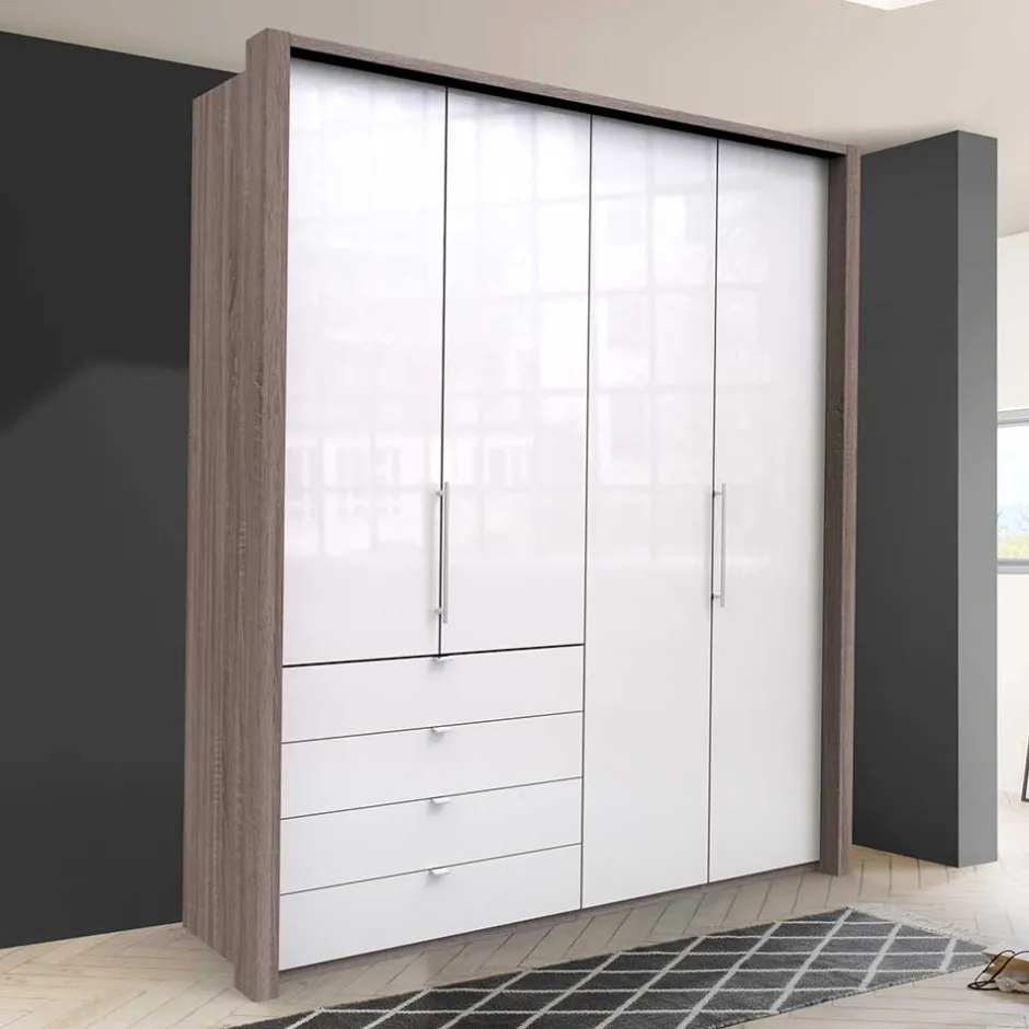 Wohnen Hoher Kleiderschrank in Weiß Glas & Eiche Dunkel - Empresian