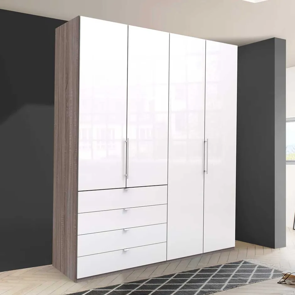 Wohnen Hoher Kleiderschrank in Weiß Glas & Eiche Dunkel - Empresian