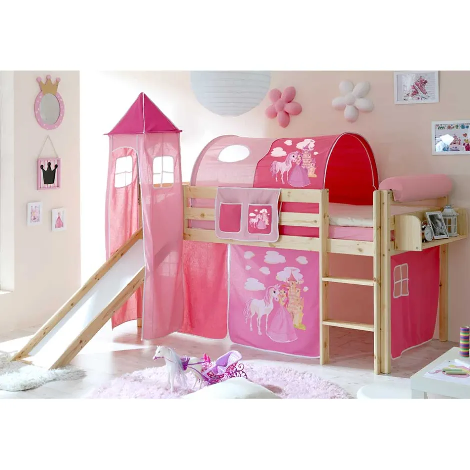 Kinder Wohnen Holz Prinzessinbett mit Rutsche & Turm - Pulaudio