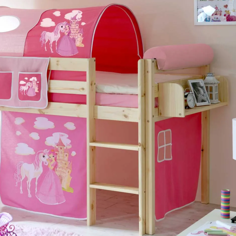 Kinder Wohnen Holz Prinzessinbett mit Rutsche & Turm - Pulaudio
