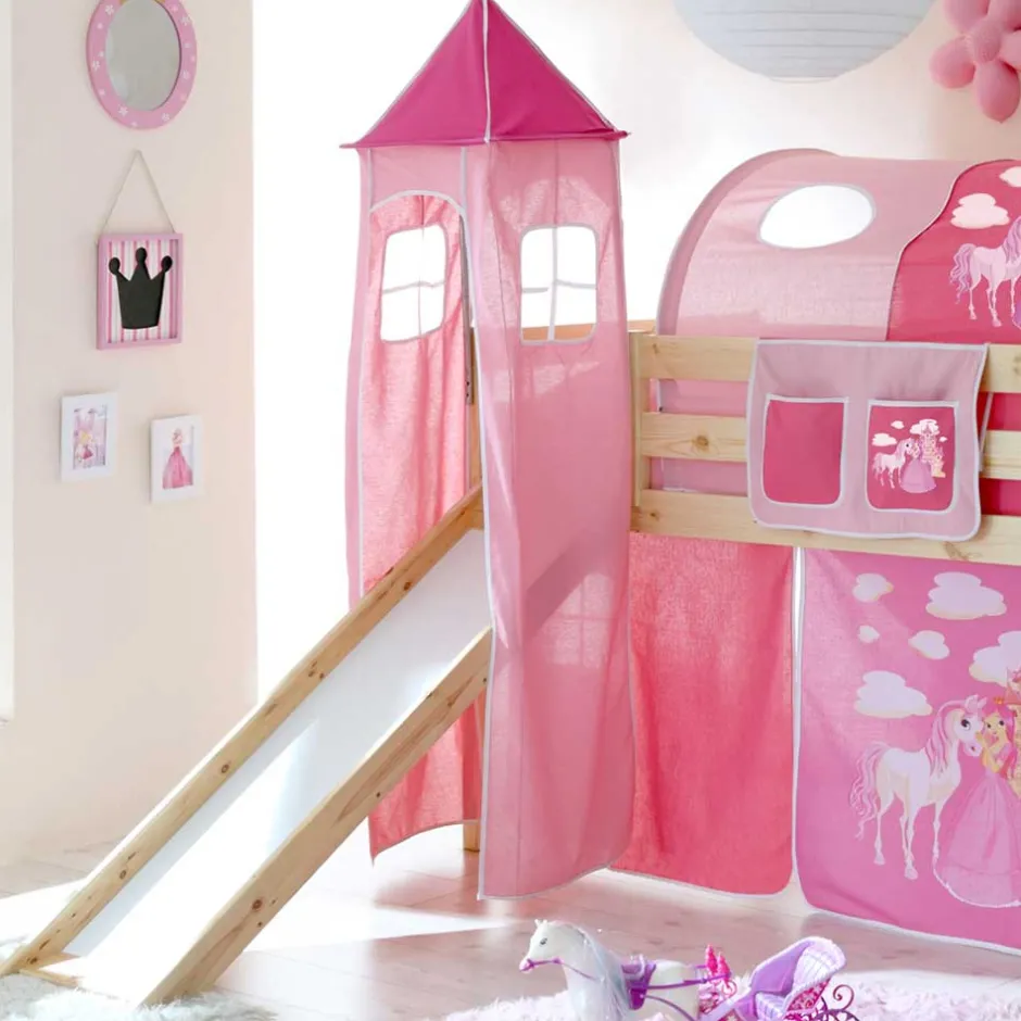 Kinder Wohnen Holz Prinzessinbett mit Rutsche & Turm - Pulaudio