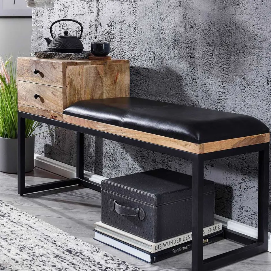 Wohnen Industrial Flurbank mit Ledersitz in Schwarz - Mariono