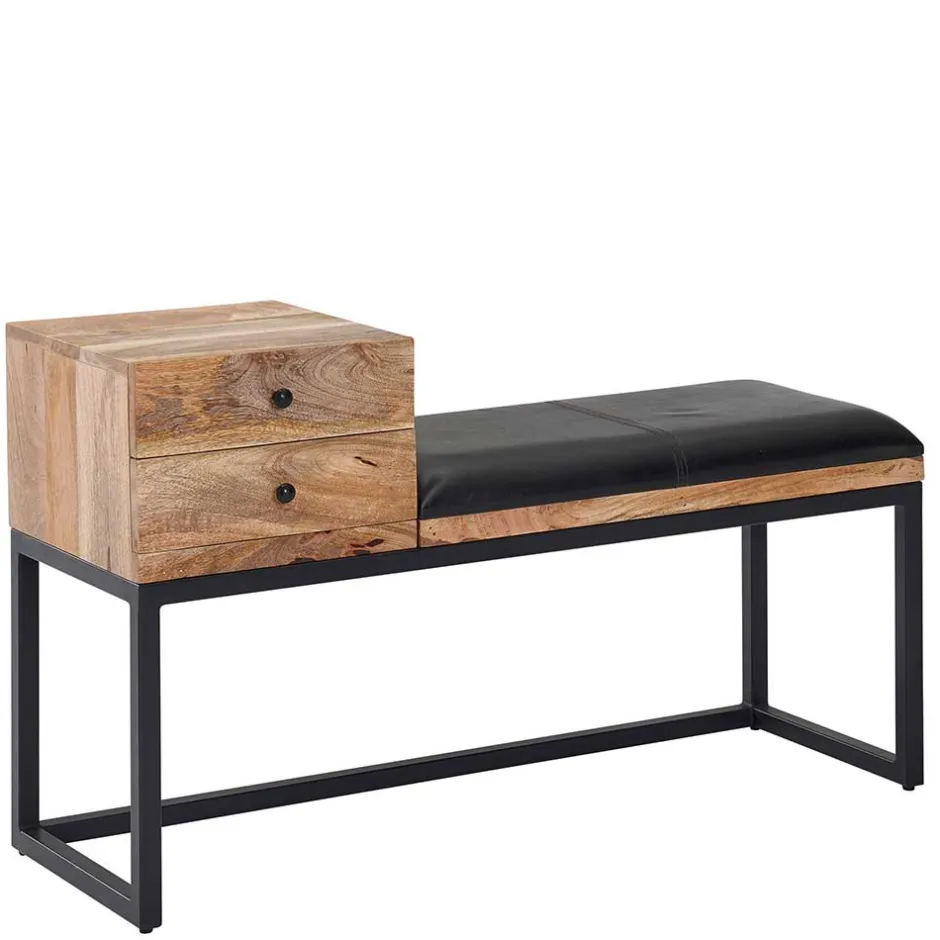 Wohnen Industrial Flurbank mit Ledersitz in Schwarz - Mariono