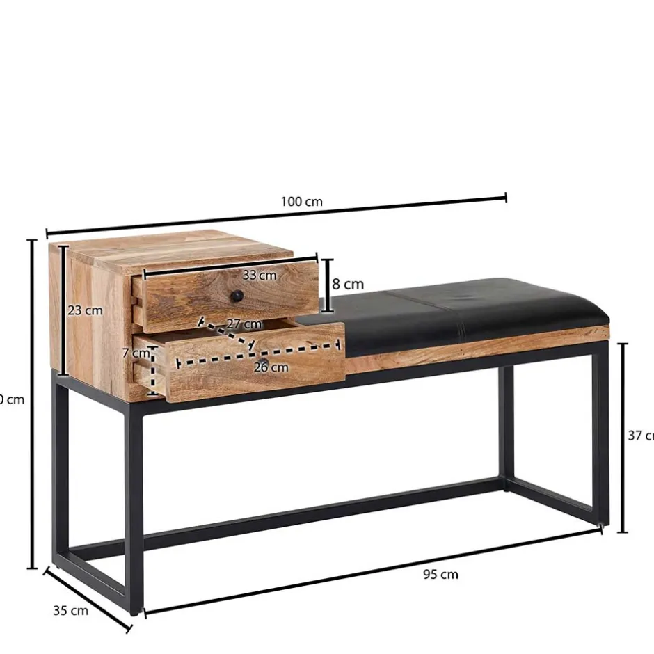 Wohnen Industrial Flurbank mit Ledersitz in Schwarz - Mariono