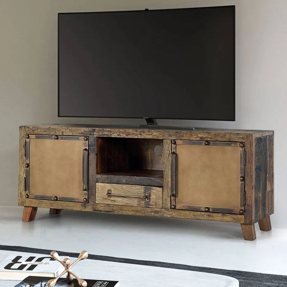 Industrial TV Kommode aus Altholz und Metall - Stock^Wohnen Sale