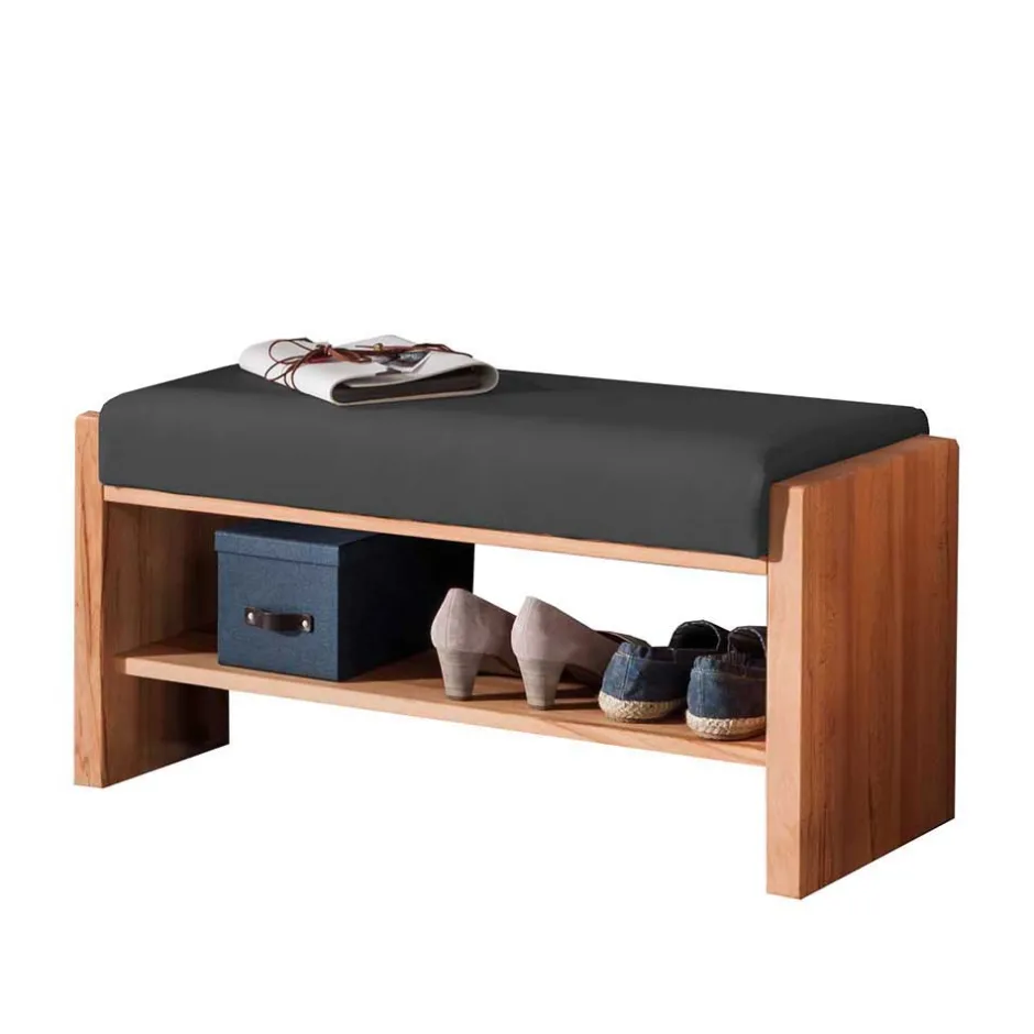 Wohnen Kernbuche Flurbank mit Leder in Anthrazit - Mandrey