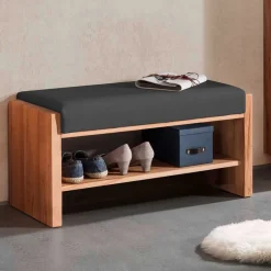 Wohnen Kernbuche Flurbank mit Leder in Anthrazit - Mandrey