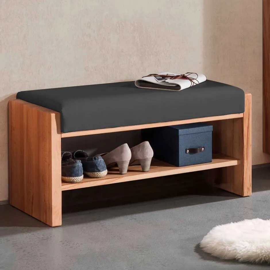 Wohnen Kernbuche Flurbank mit Leder in Anthrazit - Mandrey