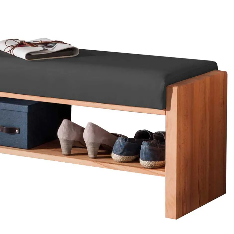 Wohnen Kernbuche Flurbank mit Leder in Anthrazit - Mandrey