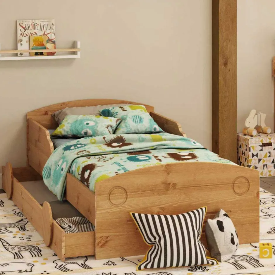 Kinder Wohnen Kiefernholz Bett im Auto Look mit Bettkasten - Soveca