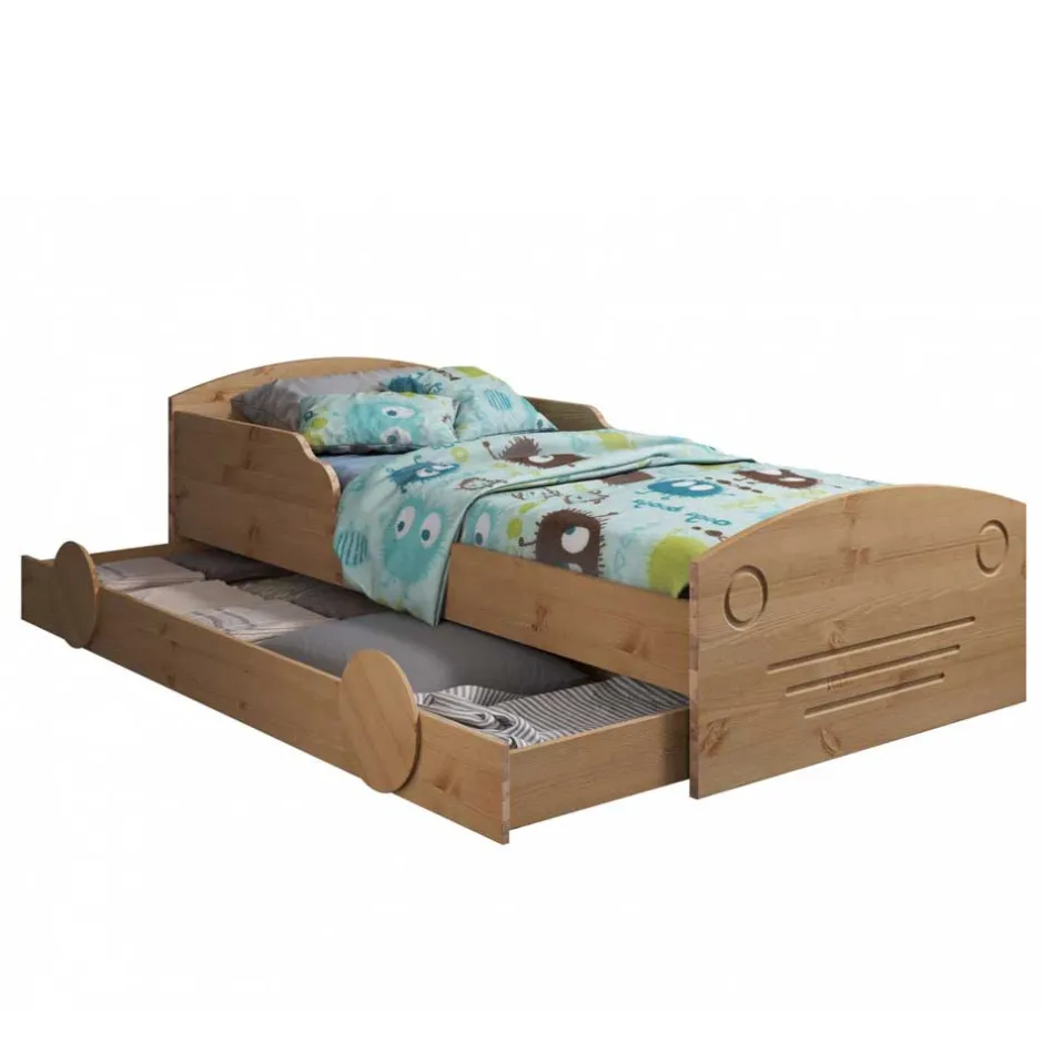 Kinder Wohnen Kiefernholz Bett im Auto Look mit Bettkasten - Soveca