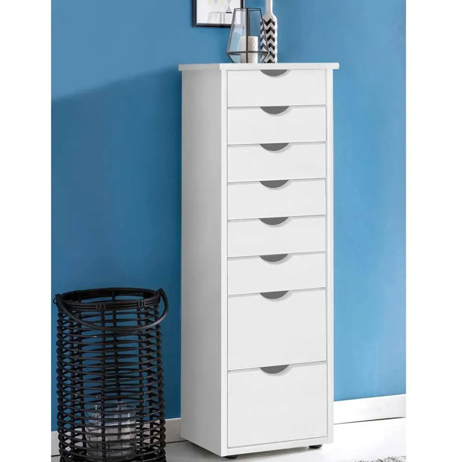 Wohnen Kiefernholz Hochkommode in Weiß lackiert - Herania