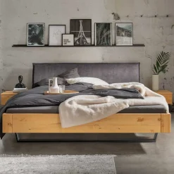 Kiefernholz-Bett gelaugt mit Stoff-Kopfteil - Phiano^Wohnen Hot