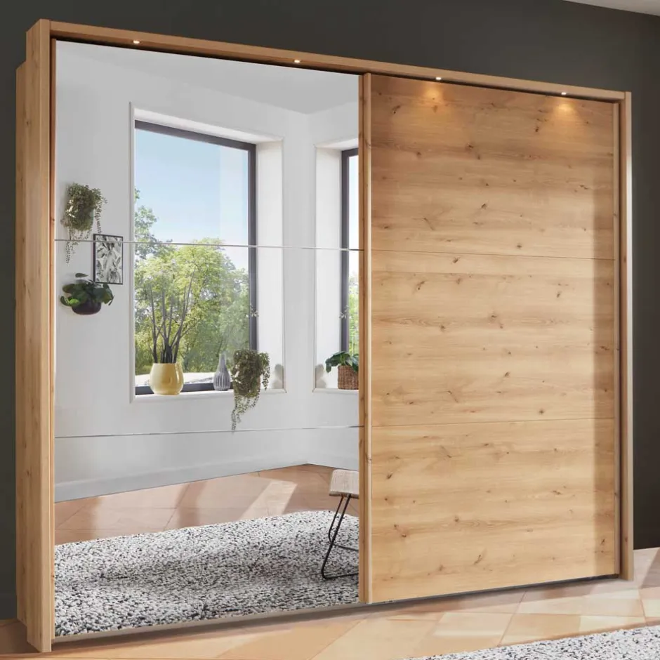 Wohnen Kleiderschrank in Eiche Bianco & Spiegel - Paniola
