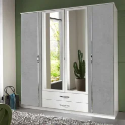 Kleiderschrank in Weiß & Betonoptik mit Chrom - Hotti I^Wohnen Discount