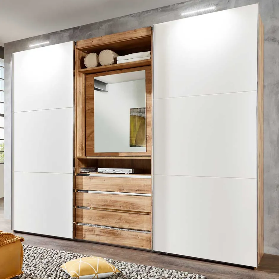 Kleiderschrank in Weiß & Plankeneiche Optik - Stufania^Wohnen Outlet