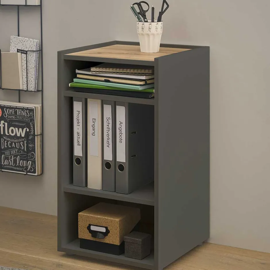 Wohnen Kleines Ordnerregal in Anthrazit & Wildeiche Dekor - Ahilav