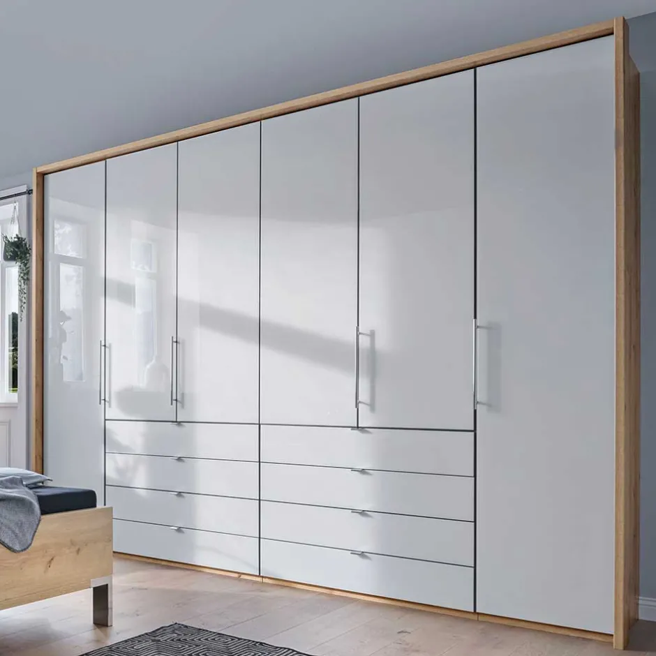 Kombi Kleiderschrank in Weiß Glas & Eiche Bianco - Nuetran^Wohnen Clearance
