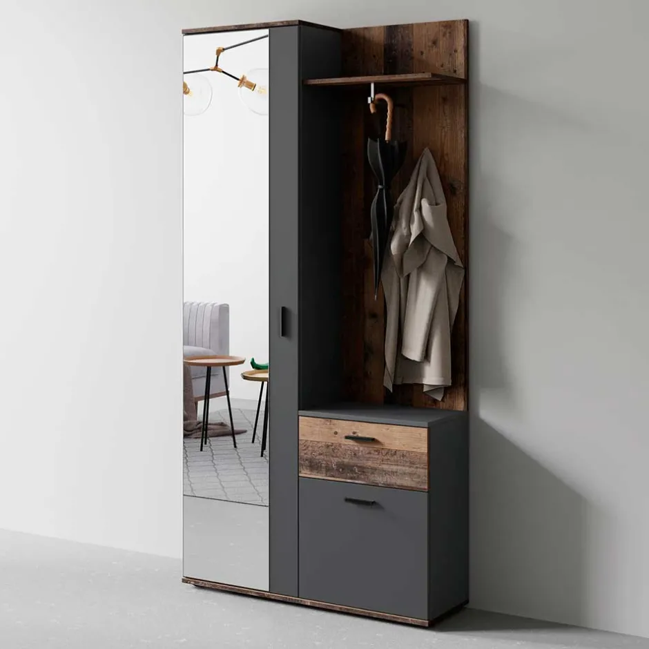 Kompakte Garderobe in Anthrazit & Altholz Optik - Vlatu^Wohnen