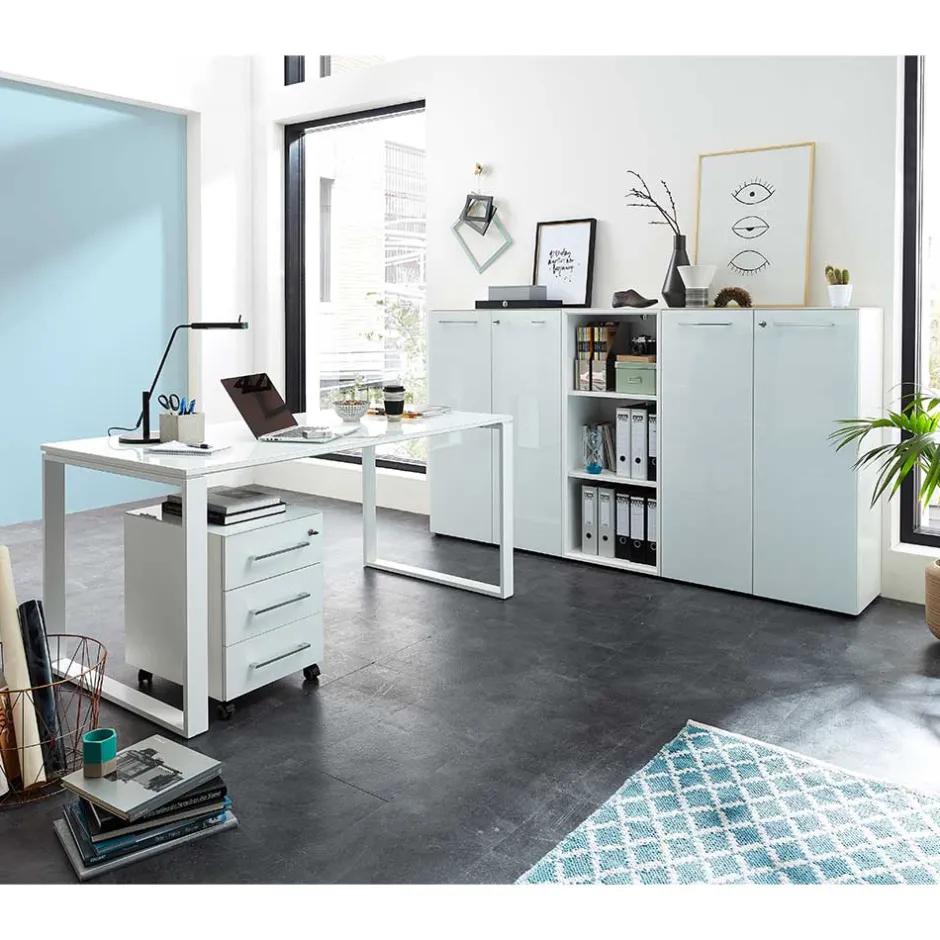 Komplette Büro Einrichtung in Weiß - Fidania (fünfteilig)^Wohnen