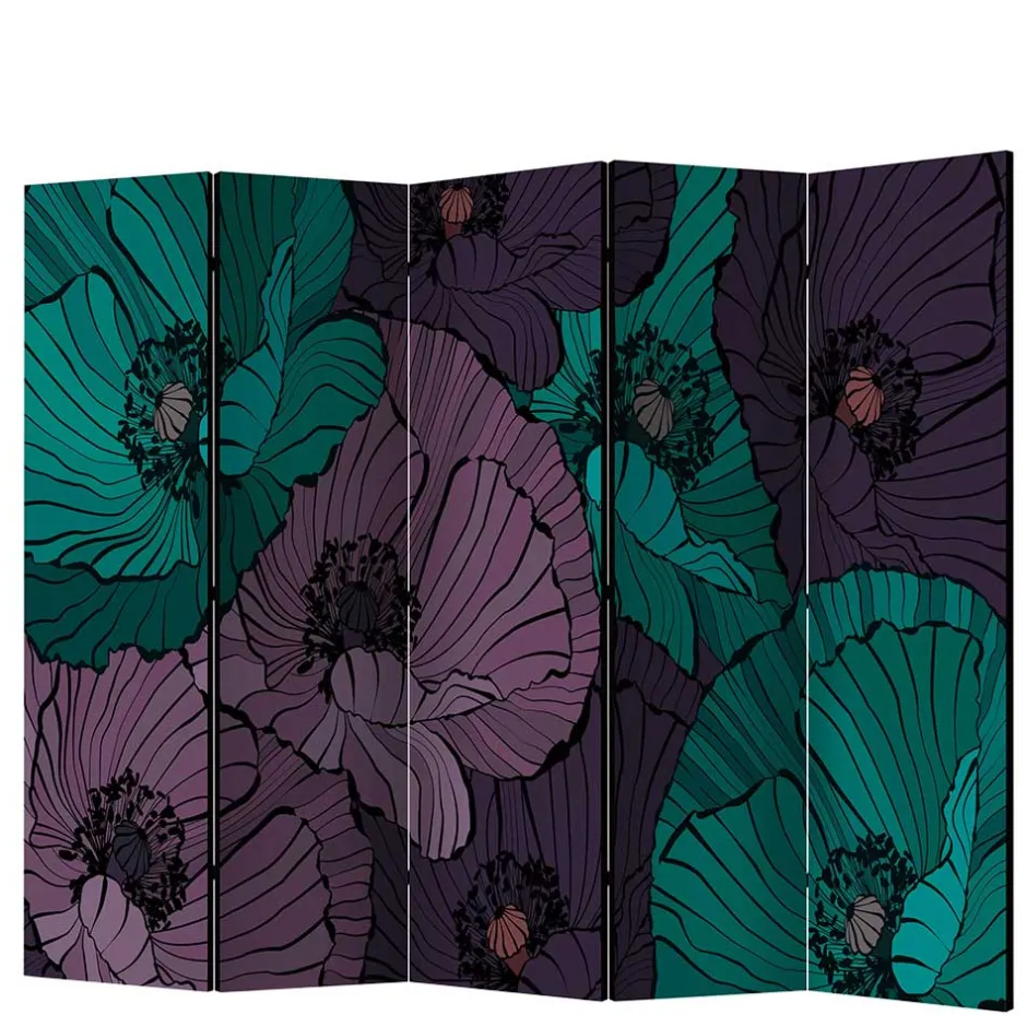 Kunstdruck Paravent mit Mohnblumen in Lila Türkis - Portamara^Wohnen New