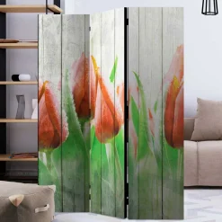 Wohnen Kunstdruck Paravent Tulpen vor Holzwand - Filicudio