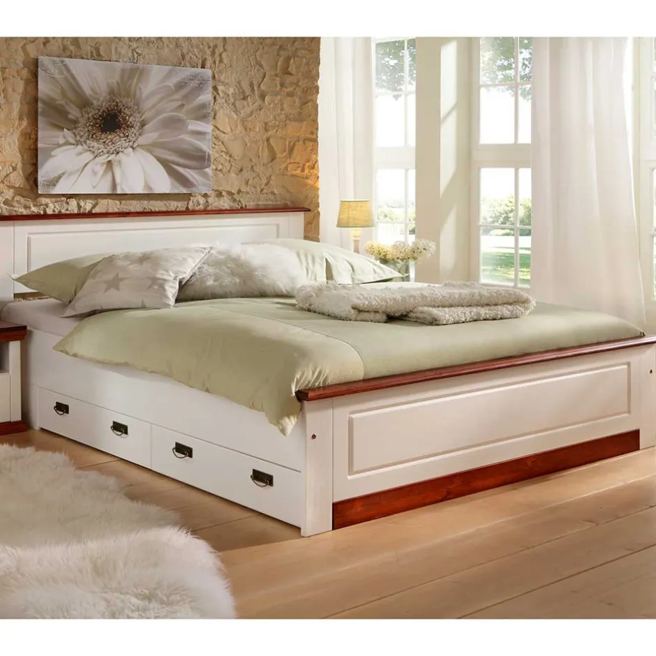 Wohnen Landhaus Holzbett in Weiß & Kirschbaum - Vendirai