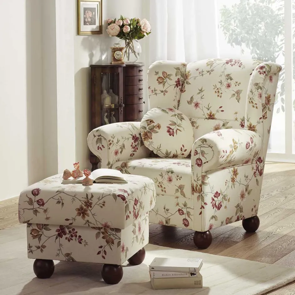 Landhaus Ohrensessel mit Blumen Stoff - Diazaja^Wohnen New